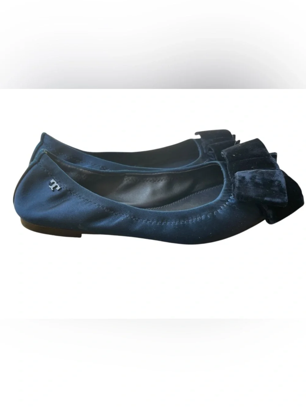 Tory Burch Satin Viola Velvet Bow Ballet Flat Navy Blue Sz 6 Wedding Classic